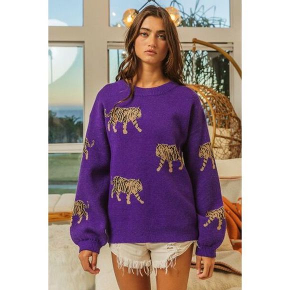 BiBi Tiger Pattern Long Sleeve Sweater - Picture 2 of 8